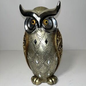OWL Silver & Gold Accented Tones Resin Owl 9 1/2" Tall Statue
